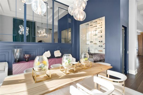 Dining room, Interior, Pendant Lights, Wood Texture Flooring