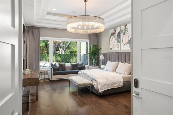 Bedroom, Interior, Pendant Lights, Recessed Lighting, Wood Texture Flooring