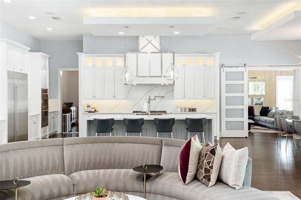 Interior, Kitchen, Living room, Marble Walls, Pendant Lights, Recessed Lighting, Wood Texture Flooring
