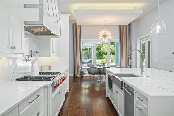 Dining room, Interior, Kitchen, Pendant Lights, Stainless Steel Appliances, Wood Texture Flooring