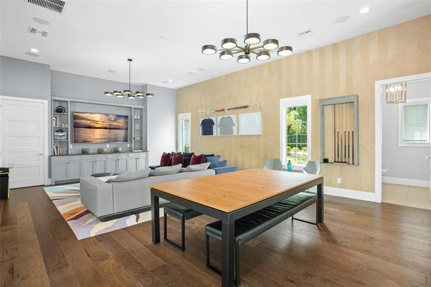 Dining room, Interior, Living room, Pendant Lights, Recessed Lighting, Wood Texture Flooring