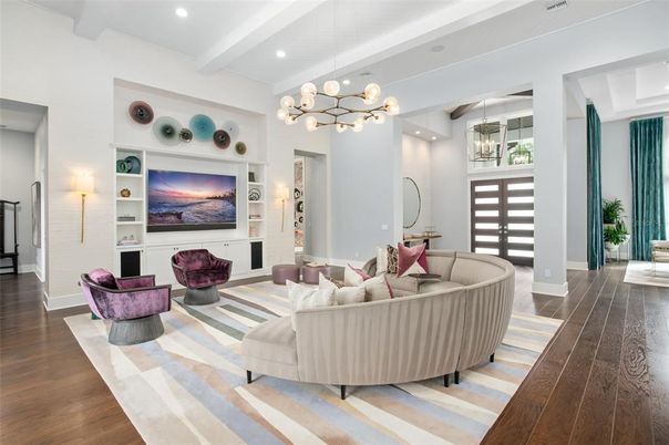 Interior, Living room, Pendant Lights, Recessed Lighting, Wood Texture Flooring