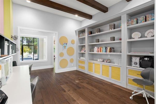Home Office, Interior, Recessed Lighting, Wooden Beams, Wood Texture Flooring