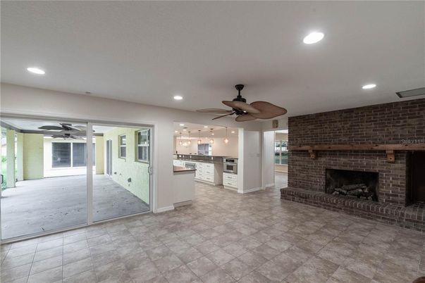 Fireplace, Interior, Kitchen, Recessed Lighting, Stone Walls