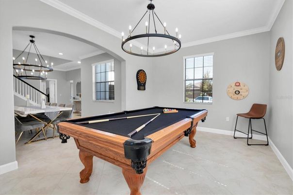 Billiard Table, Chandelier, Game Room, Interior, Pendant Lights, Recessed Lighting
