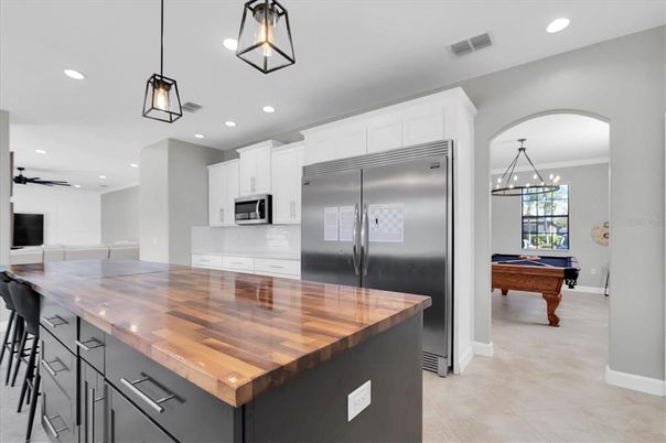 Billiard Table, Game Room, Interior, Kitchen, Pendant Lights, Recessed Lighting, Stainless Steel Appliances