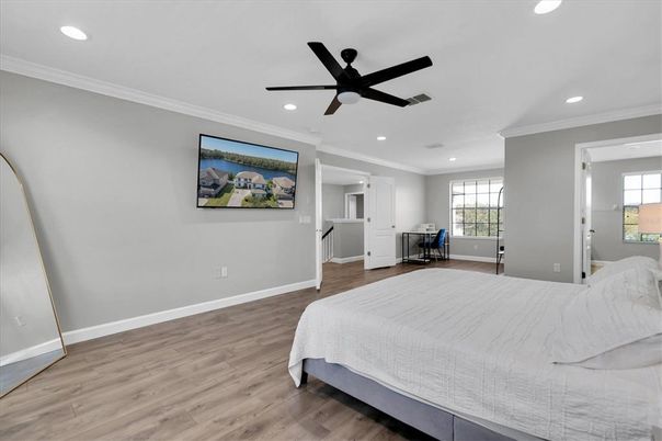 Bedroom, Interior, Recessed Lighting, Wood Texture Flooring
