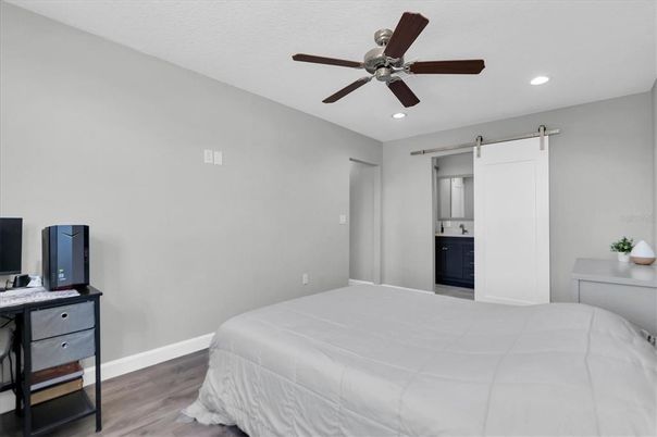Bedroom, Interior, Recessed Lighting, Wood Texture Flooring
