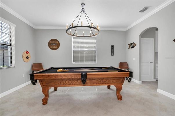 Billiard Table, Chandelier, Game Room, Interior, Pendant Lights