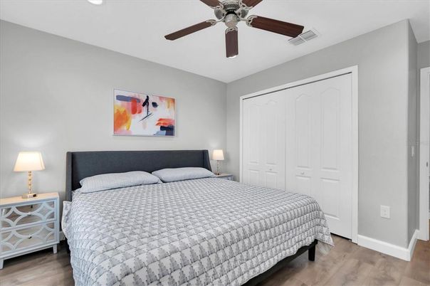 Bedroom, Interior, Recessed Lighting, Wood Texture Flooring