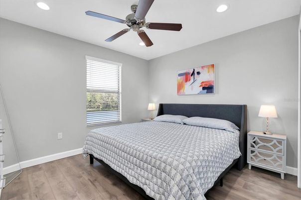 Bedroom, Interior, Recessed Lighting, Wood Texture Flooring