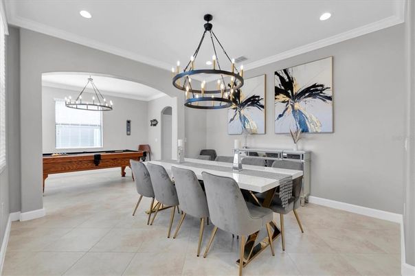 Billiard Table, Chandelier, Dining room, Game Room, Interior, Pendant Lights, Recessed Lighting