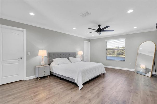 Bedroom, Interior, Recessed Lighting, Wood Texture Flooring