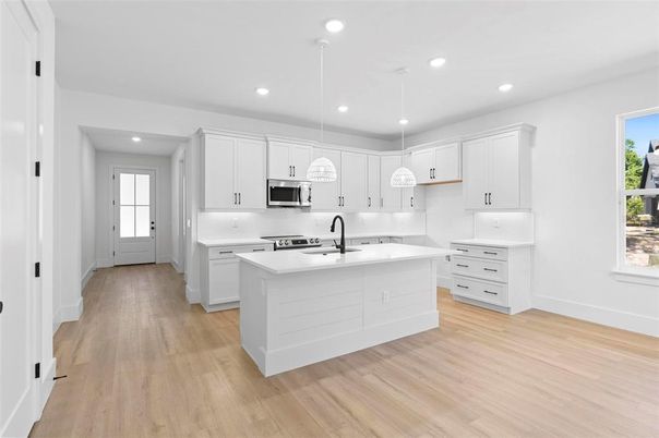 Interior, Kitchen, Pendant Lights, Recessed Lighting, Stainless Steel Appliances, Wood Texture Flooring