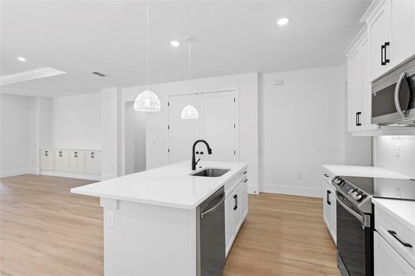 Interior, Kitchen, Pendant Lights, Recessed Lighting, Stainless Steel Appliances, Wood Texture Flooring
