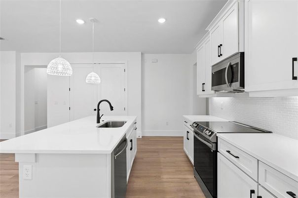 Interior, Kitchen, Pendant Lights, Recessed Lighting, Stainless Steel Appliances, Wood Texture Flooring