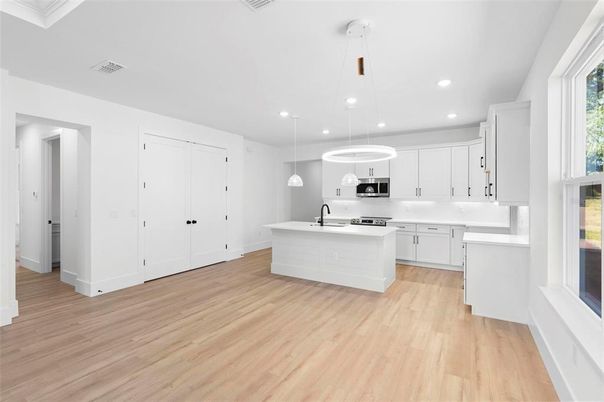 Interior, Kitchen, Pendant Lights, Recessed Lighting, Stainless Steel Appliances, Wood Texture Flooring