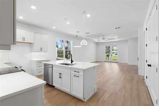 Interior, Kitchen, Pendant Lights, Recessed Lighting, Wood Texture Flooring