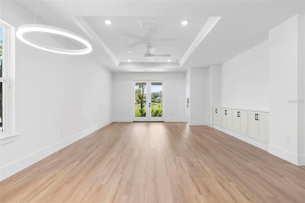 Empty room, Interior, Pendant Lights, Recessed Lighting, Wood Texture Flooring