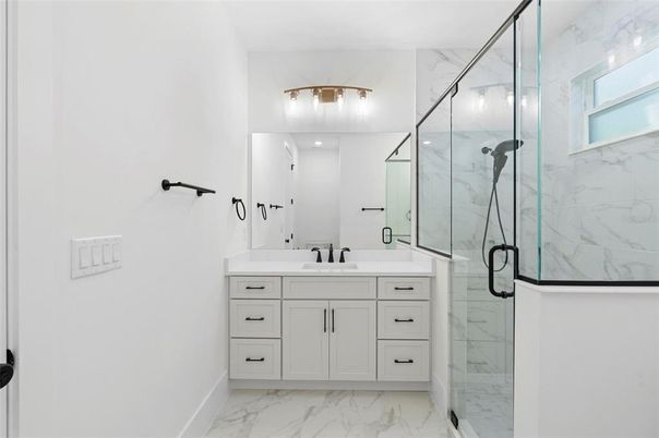 Bathroom, Dual Sink Vanities, Glass Shower, Interior, Marble, Marble Walls