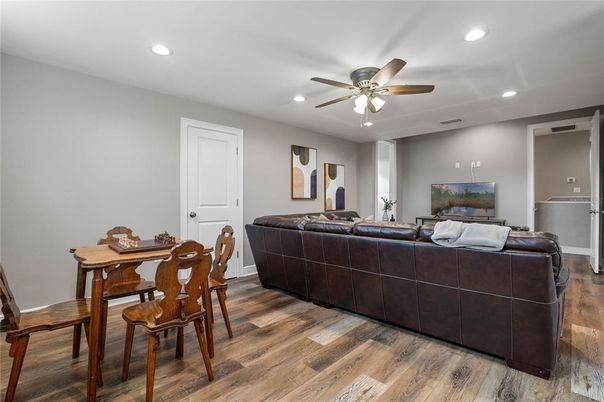 Dining room, Interior, Living room, Recessed Lighting, Wood Texture Flooring