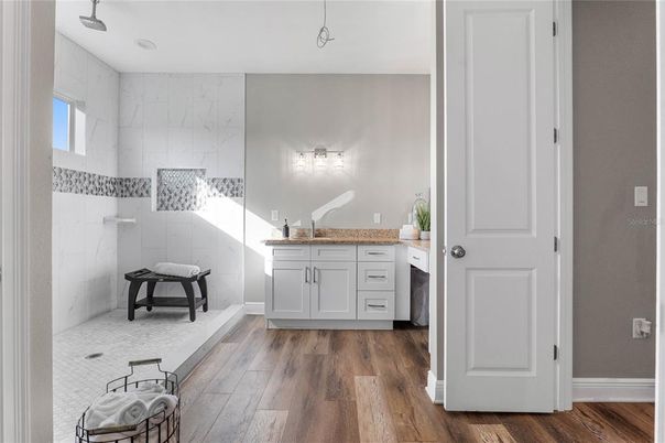 Bathroom, Interior, Marble Walls, Wood Texture Flooring