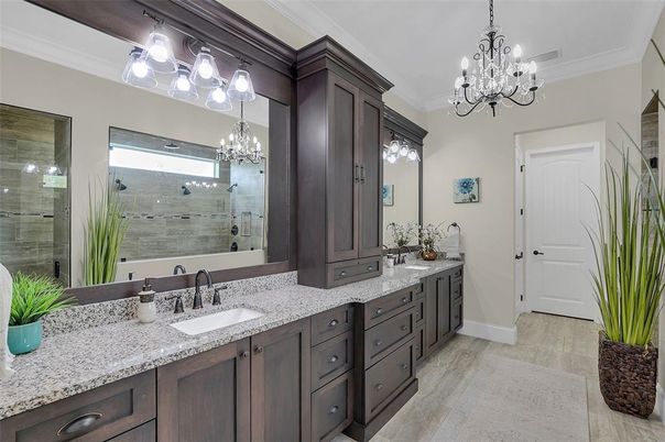 Bathroom, Chandelier, Dual Sink Vanities, Glass Shower, Interior