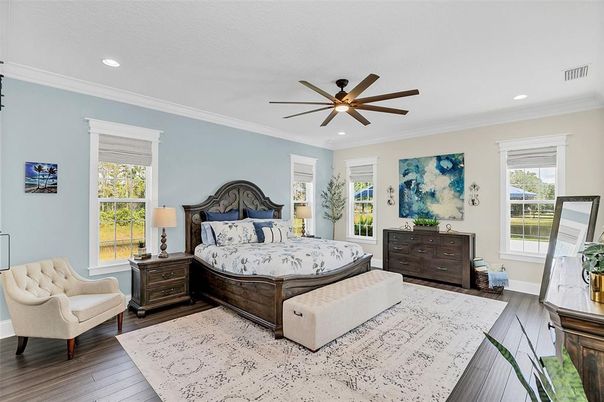 Bedroom, Interior, Recessed Lighting, Wood Texture Flooring