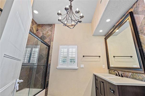 Bathroom, Chandelier, Glass Shower, Interior, Recessed Lighting