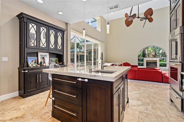 Fireplace, Interior, Kitchen, Living room, Pendant Lights, Recessed Lighting