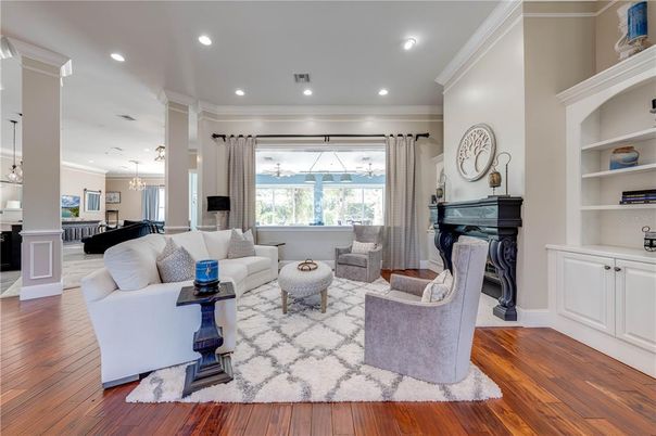 Chandelier, Interior, Living room, Pendant Lights, Piano, Recessed Lighting, Wood Texture Flooring