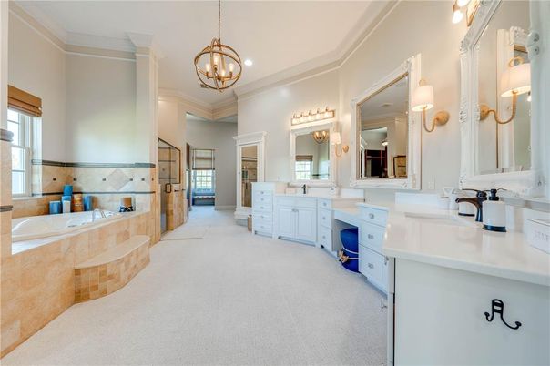Bathroom, Chandelier, Dual Sink Vanities, Interior, Pendant Lights