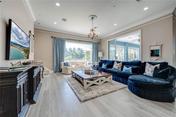 Interior, Living room, Pendant Lights, Recessed Lighting, Wood Texture Flooring