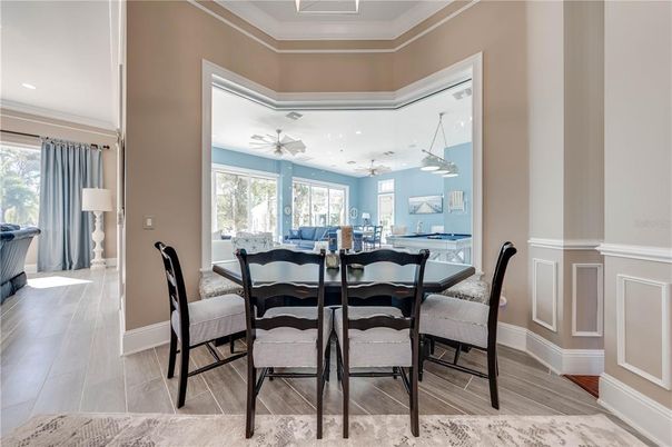 Dining room, Interior, Recessed Lighting, Wood Texture Flooring