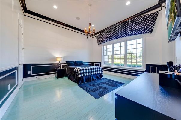 Bedroom, Chandelier, Interior, Pendant Lights, Recessed Lighting, Wood Texture Flooring