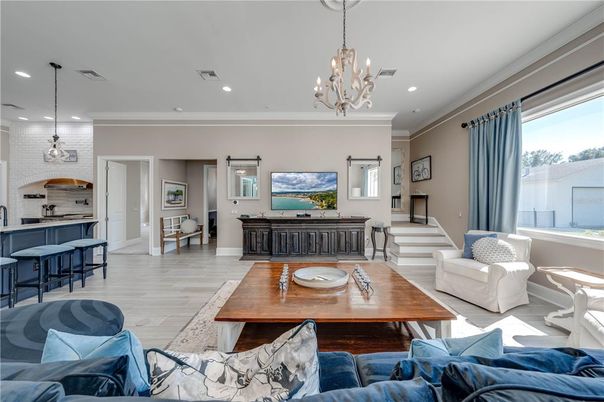 Chandelier, Dining room, Interior, Kitchen, Living room, Pendant Lights, Recessed Lighting, Wood Texture Flooring