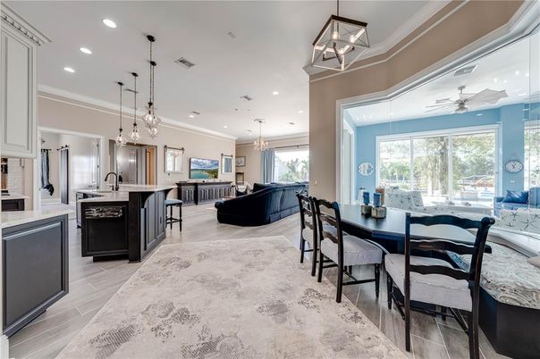 Dining room, Interior, Kitchen, Living room, Pendant Lights, Recessed Lighting, Wood Texture Flooring