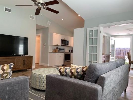 Interior, Kitchen, Living room, Recessed Lighting, Stainless Steel Appliances, Wood Texture Flooring