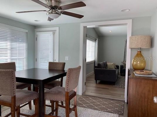 Dining room, Interior, Recessed Lighting, Wood Texture Flooring