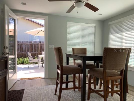 Dining room, Interior, Recessed Lighting, Wood Texture Flooring