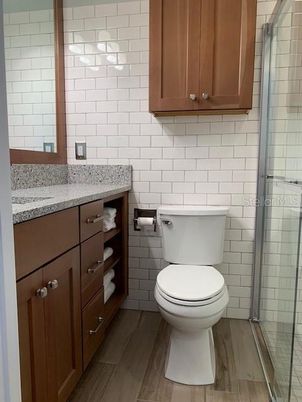 Bathroom, Glass Shower, Interior, Wood Texture Flooring