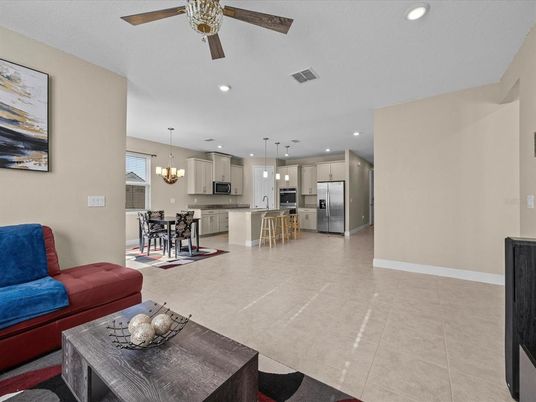 Chandelier, Dining room, Interior, Kitchen, Living room, Pendant Lights, Recessed Lighting, Stainless Steel Appliances