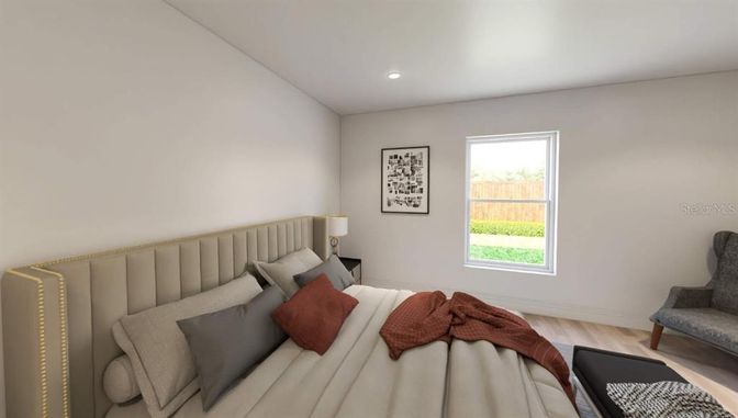 Bedroom, Interior, Recessed Lighting, Wood Texture Flooring