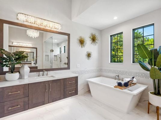 Bathroom, Dual Sink Vanities, Free Standing Baths, Interior, Marble, Recessed Lighting