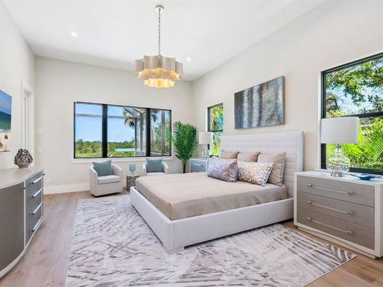 Bedroom, Chandelier, Interior, Pendant Lights, Recessed Lighting, Wood Texture Flooring