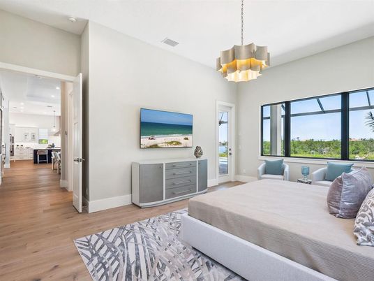 Bedroom, Interior, Pendant Lights, Recessed Lighting, Wood Texture Flooring