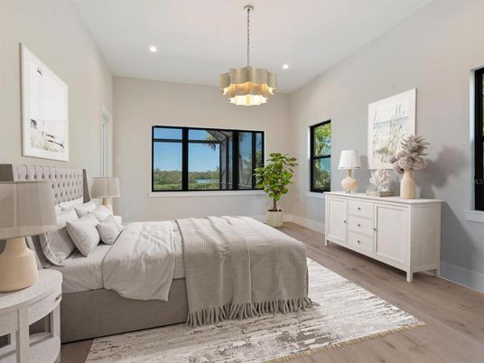 Bedroom, Interior, Pendant Lights, Recessed Lighting, Wood Texture Flooring