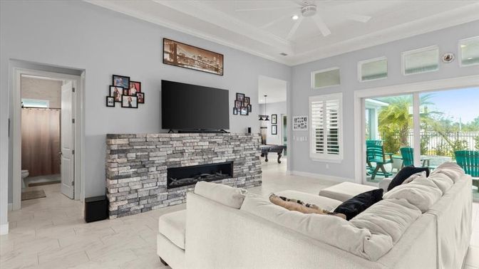 Fireplace, Interior, Living room, Marble, Recessed Lighting