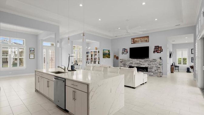 Fireplace, Interior, Kitchen, Living room, Pendant Lights, Recessed Lighting