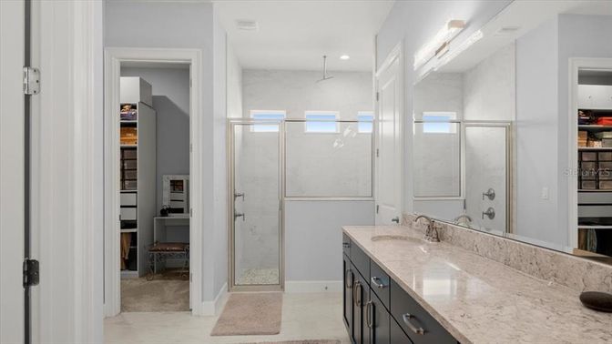 Bathroom, Dual Sink Vanities, Glass Shower, Interior, Recessed Lighting